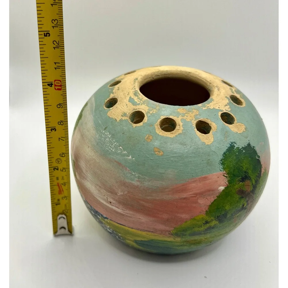 San Juan Art Pottery Flower Frog Vase Small Multicolor Fair Hand Painted Texas